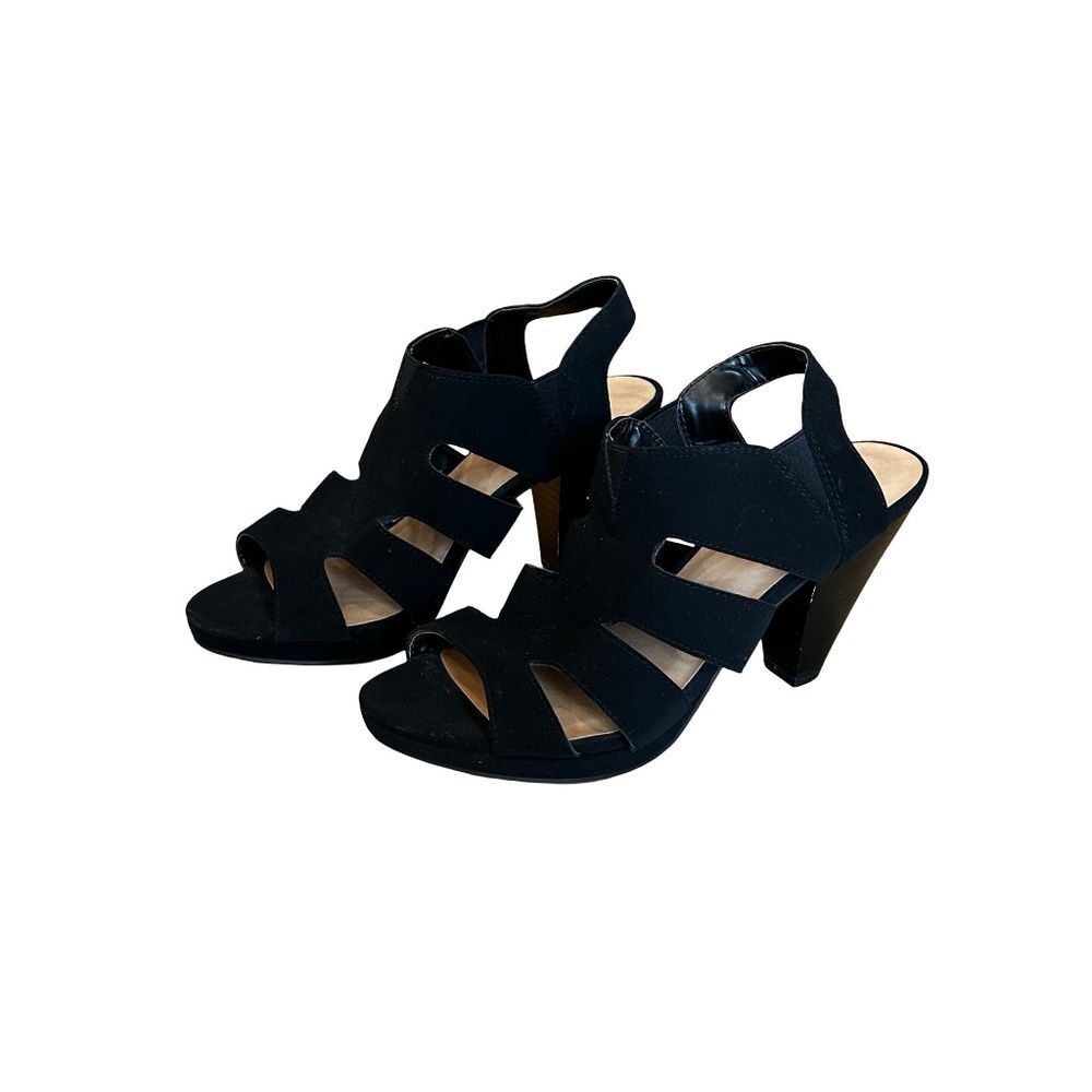 Solanz Kendra Black Suede Heels Sandals Slingback Shoes Size 8 - 8 1/2”